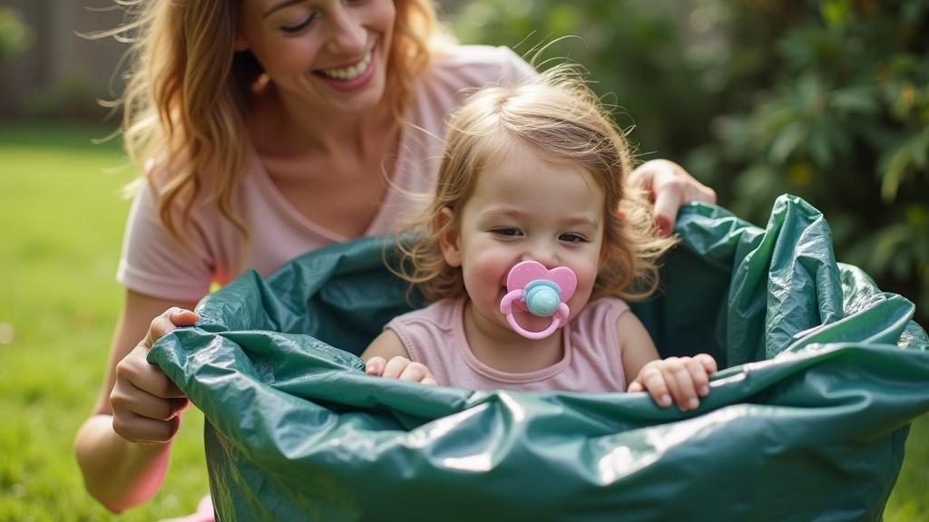 Scene featuring mother playing with daughter outside. Mother places daughter in large garbage bag playfully. Daughter holds big pacifier. Bright sunny day with green grass in background. Joyful family interaction.