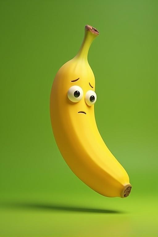 A 3D animated banana character with big eyes and a sad expression. It is floating against a green background.