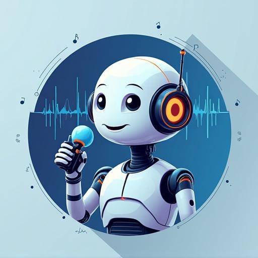 Futuristic AI concept illustration features a robot speaking into a microphone. Digital audio waves surround the robot. Modern flat design style with high contrast colors and clean background. 2D vector graphic resembling a website icon.