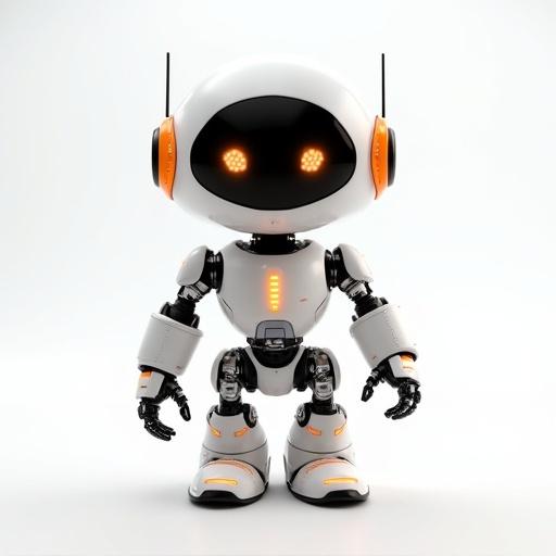 Friendly futuristic robot character designed for a tech innovation center with rounded design inspired by popular sci-fi robots. Features expressive lights and metallic surfaces with sensors. Primary colors of white and silver with orange accents reflecting brand identity. Robot looks intelligent and charismatic with a plain background. Style is cinematic and suitable for animation or branding.