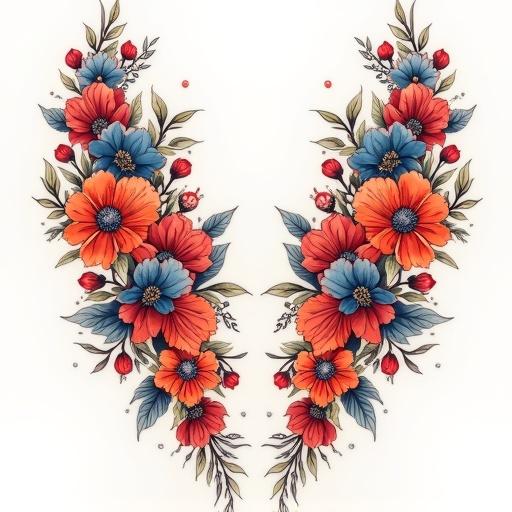 Tattoo design of two symmetrical floral lines with vivid red orange and blue flowers. Each line curves from hips to lower abdomen. Flowers are tightly arranged, large and small, creating balance. Minimal light green foliage is present.