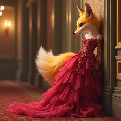 A tall anthro furry fox character wearing an expensive formal gown. She leans against a wall looking bored. The gown accentuates her curves and has a rich red color.