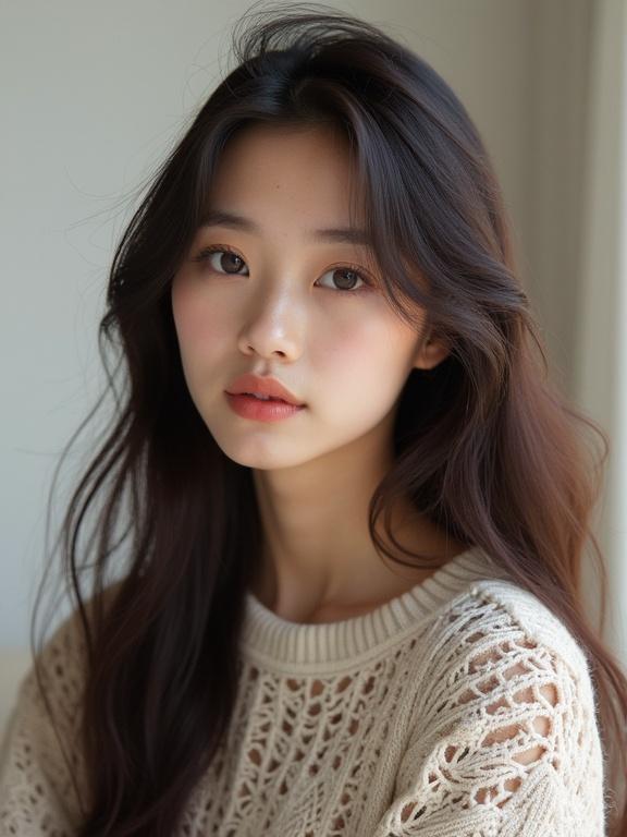 A young beautiful girl with a mixed heritage background. She has long, flowing hair and a natural appearance. She is dressed in a cozy knitted sweater. The image captures her soft features and gentle expression in warm lighting.