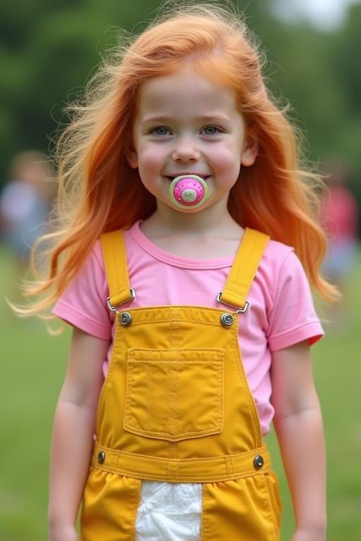 A young girl stands in a playground. She has long light red hair. Her green eyes are bright. She wears yellow dungarees and a pink t-shirt. She is smiling. The playground scene is lively.