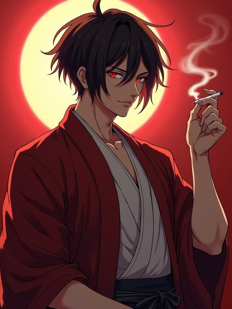 Masculine character in traditional Japanese attire wearing a haori. Character has defined muscles and holds a cigarette. The background is a large red circle symbolizing the sun. Short hair is styled to enhance the appearance. Eyes are red and intense. Character conveys a seductive and naughty demeanor.