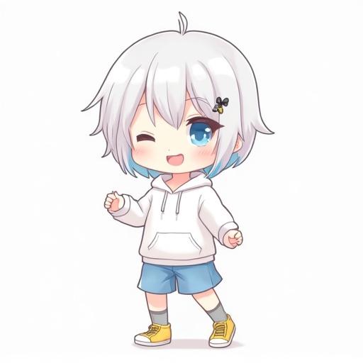 Anime character with white hair and sky blue eyes. Character wears a white hoodie and blue shorts. Shorts are paired with short grey socks and yellow sneakers. The character smiles widely with open mouth. Portrays a cute and playful personality. The character has ribbons in their hair and appears joyful and energetic.