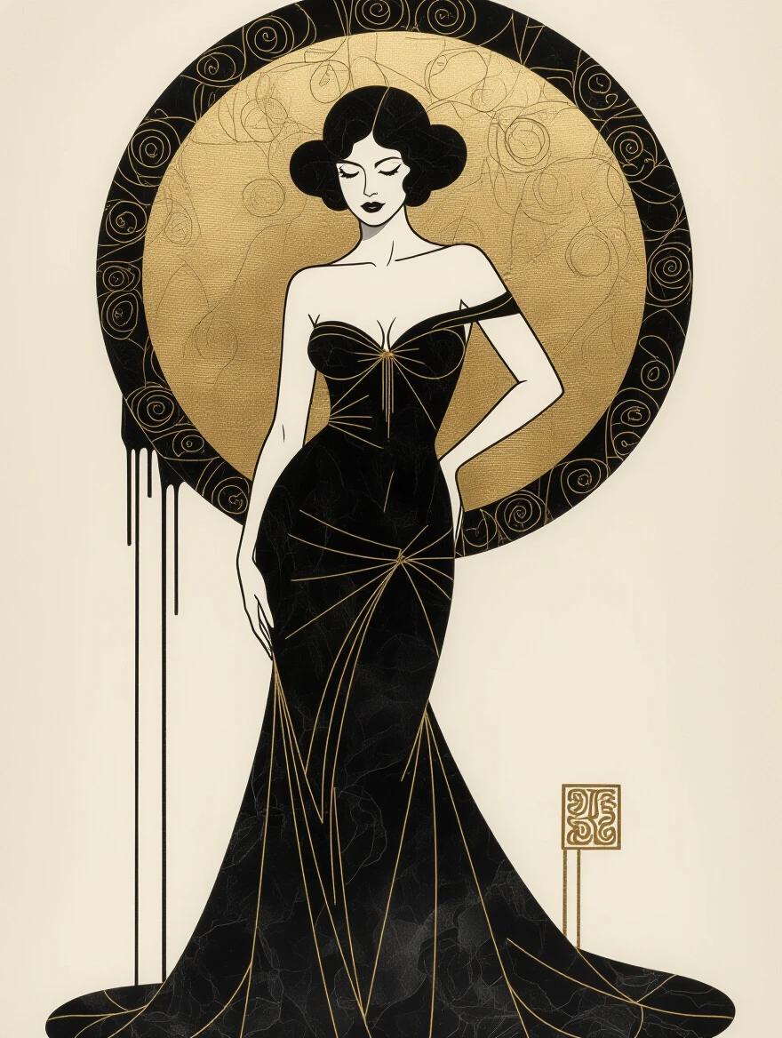 Conceptual art depicting an elegant and ethereal figure in a striking black gown with hints of gold. The design features minimalist aesthetics combining 3D elements and ink wash techniques. The background displays a circular motif that enhances the focal point of the graceful silhouette. Distressed parchment texture adds a vintage feel to this high-contrast illustration.