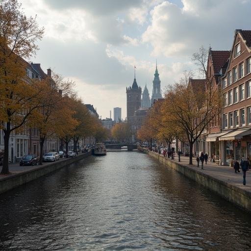 Scene of a canal in Hannover with historic buildings. Trees with autumn leaves are along the banks. In the distance, there are towers and spires of buildings. Water reflects the sky and trees. People walk along the sidewalks.