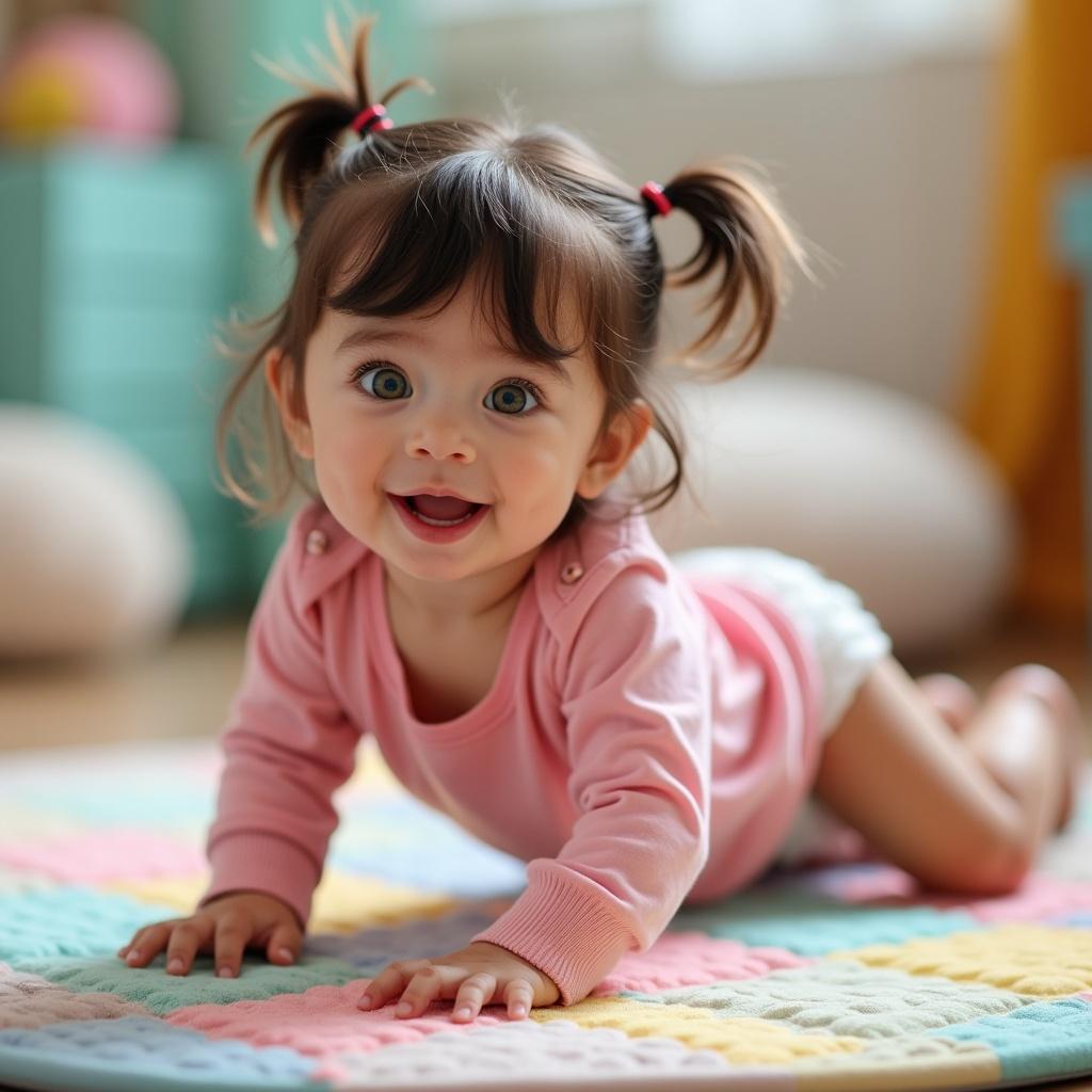 Child crawling on a colorful playmat in a cozy bedroom. She wears a pink t-shirt and a diaper. Her hair is styled in two pigtails. Background features cheerful decor.