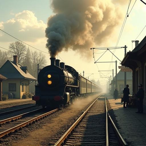Dynamic image of a steam locomotive Class 74 from the Deutsche Bundesbahn in the 1960s. The train pulls three two-axle coaches. The setting is a small West German town with a modest station, cobblestone streets, and half-timbered houses. The scene captures motion with billowing smoke and steam. Period details include vintage railway signage and passengers in 1960s attire. The lighting is warm and diffused, evoking nostalgia.