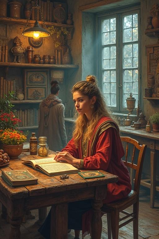 Young woman reading a book at a wooden table in a cozy, rustic room filled with books, plants, and a warm lamp. A second figure is seen in the background. Soft light creates a warm atmosphere.