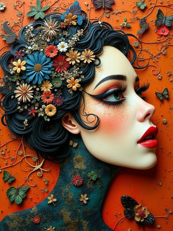 A three-dimensional collage of a woman with intricate flowers in her hair against an orange background. Features butterflies and detailed embellishments. A whimsical and artistic portrayal of beauty.
