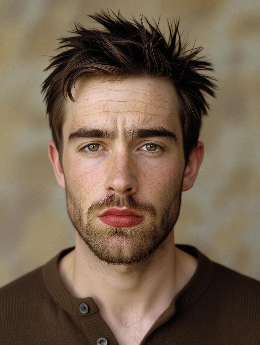Portrait of a young male with short black hair and pale skin. Features include a gaunt face with a high nose and cracked lips. He has a beard and mustache with rough skin, portraying tiredness.