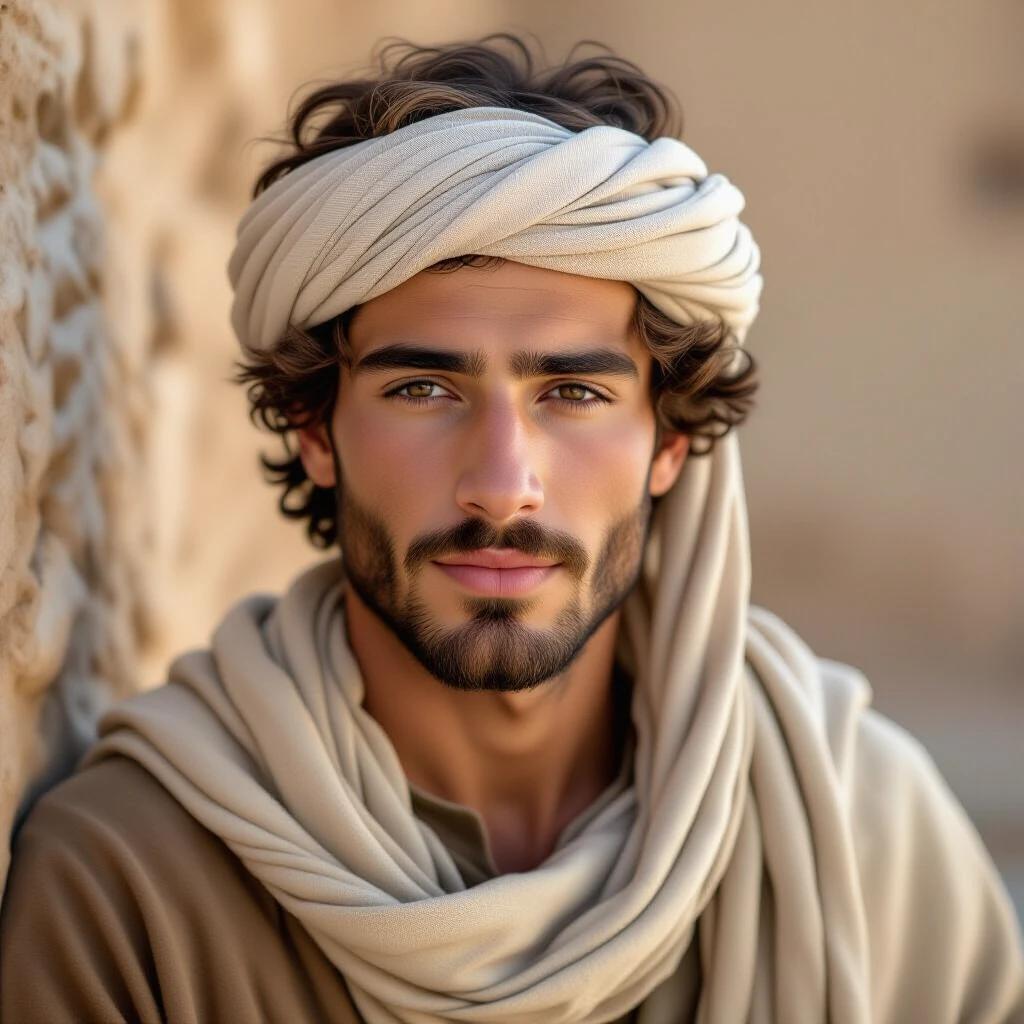 A depiction of Joseph a 20 year old biblical character in hyper-realistic style. The image shows Joseph dressed in traditional attire with a headscarf. The background reflects an ancient setting.
