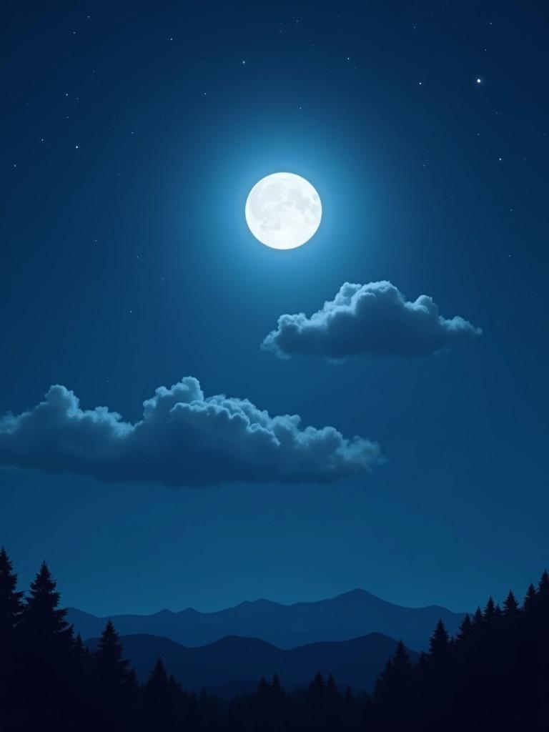 Bright full moon in a dark sky. Soft light over the landscape. Fluffy clouds nearby. Silhouettes of trees on the horizon. Evokes calm and wonder at night.