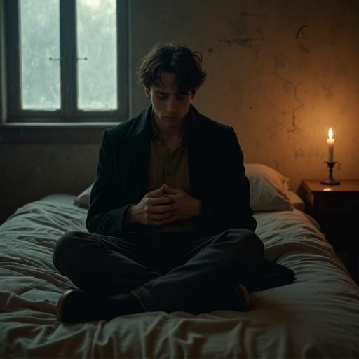 A young man with dark brown hair and blue eyes sits on a bed in a dim room. He appears anxious and sad, dressed in a worn long coat and old shirt. The atmosphere is tense with flickering candlelight and rain outside the window. The room has cracked walls and a dirty wooden floor. He rocks back and forth, breathing heavily, in a cramped setting.