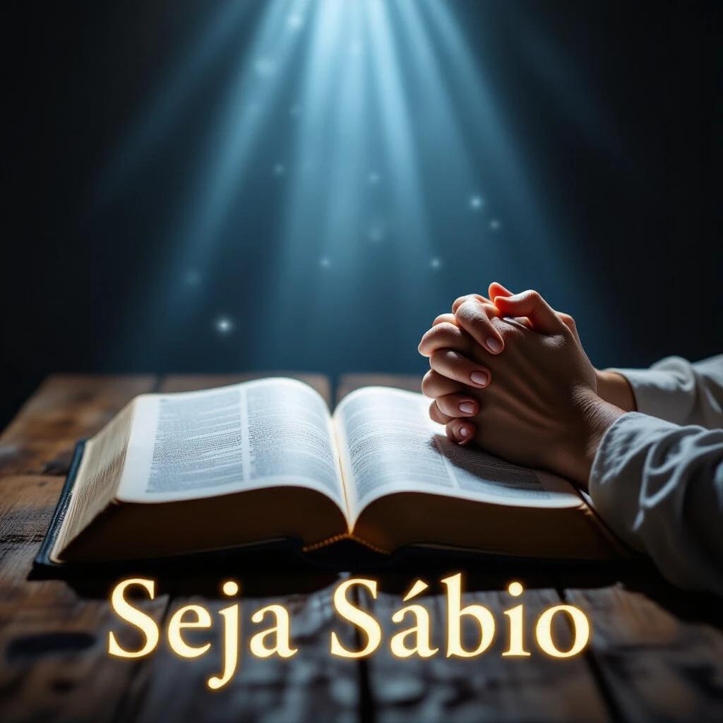 Thumbnail sized 1280x720 pixels. Cinematic ultra-realistic image. Open Bible on rustic wooden table. Two hands joined in prayer. Soft bluish-white celestial light beam illuminates the Bible and hands. Peace wisdom spirituality conveyed. Dark dramatic background with soft blur. Light-shadow contrast strong. Sacred atmosphere. Text 'Seja Sábio' in large serif font. Soft golden color with subtle glow centered at the bottom. Cinematic style 8K quality realistic depth of field.