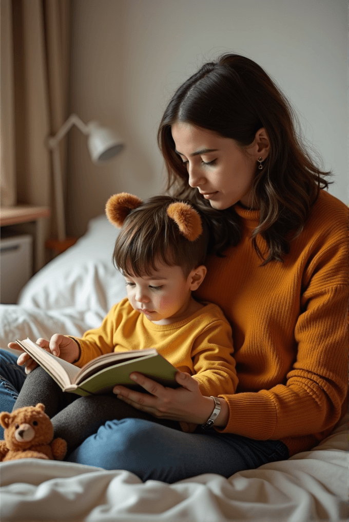 A woman and child in matching yellow sweaters share a cozy reading moment on a bed, with a teddy bear nearby.