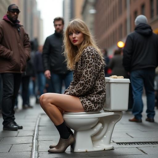 Person sitting on a toilet in a crowded New York City street. Bystanders watching and reacting to the unusual scene. Urban setting with natural lighting. Street fashion visible.