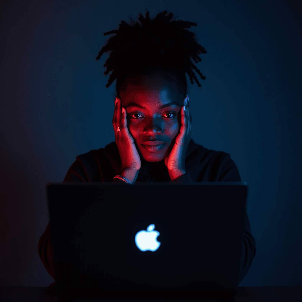 A person illuminated by a laptop's screen in a dimly lit environment, with vibrant red and blue lighting creating a contrasted ambiance.