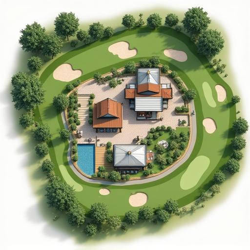 Golf course exterior floor plan in 2D vector illustration. Modern design showing detailed layout of clubhouse, lounge, pro shop, and amenities. Includes 18 holes with fairways and greens. Features sand bunkers and water areas with topographic details. Highlights spacious areas in a neutral color palette.
