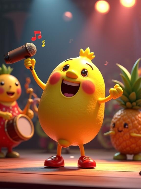 Vibrant 3D cartoon illustration showing a cheerful anthropomorphic lemon singing on stage. Lemon holds a microphone with music notes around it. Fruit band includes a strawberry drummer with chocolate drums, a grape duo with banana guitars, a pineapple trumpeter, and a shy kiwi with maracas. Scene features colored spotlights and a fruit-shaped audience cheering.