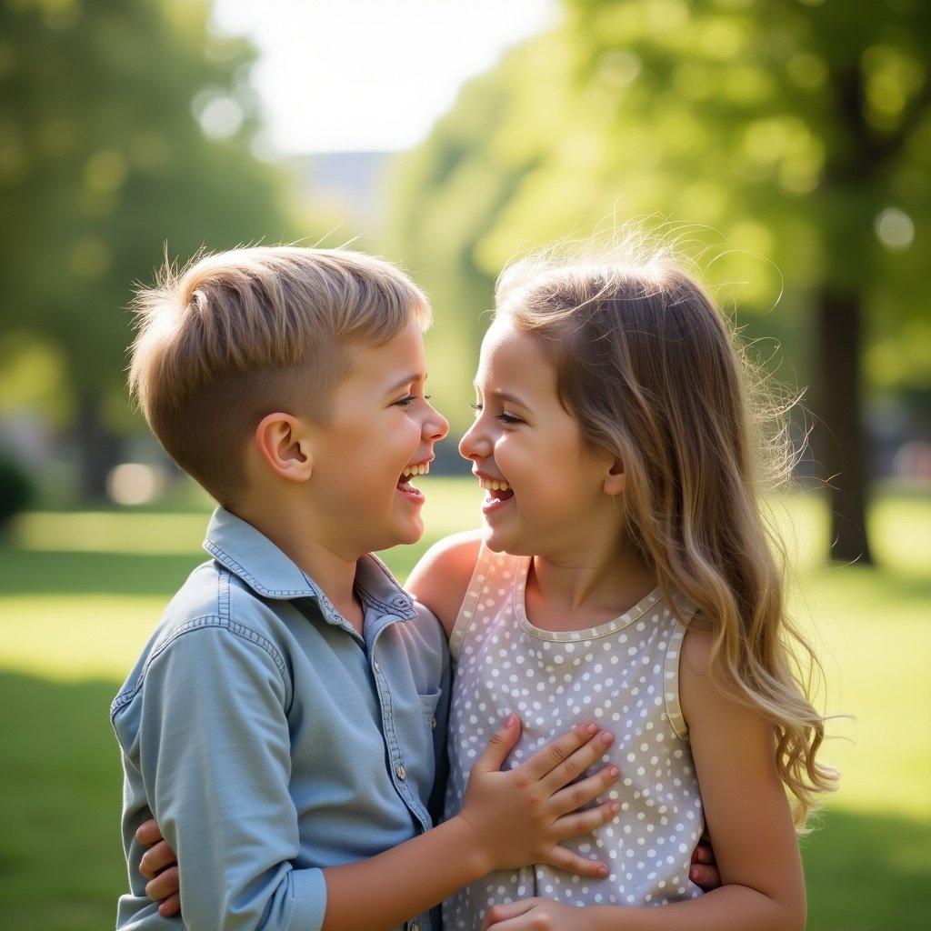 Young brother and sister share an affectionate moment outdoors. They lean in to kiss each other playfully in a lush green park setting.