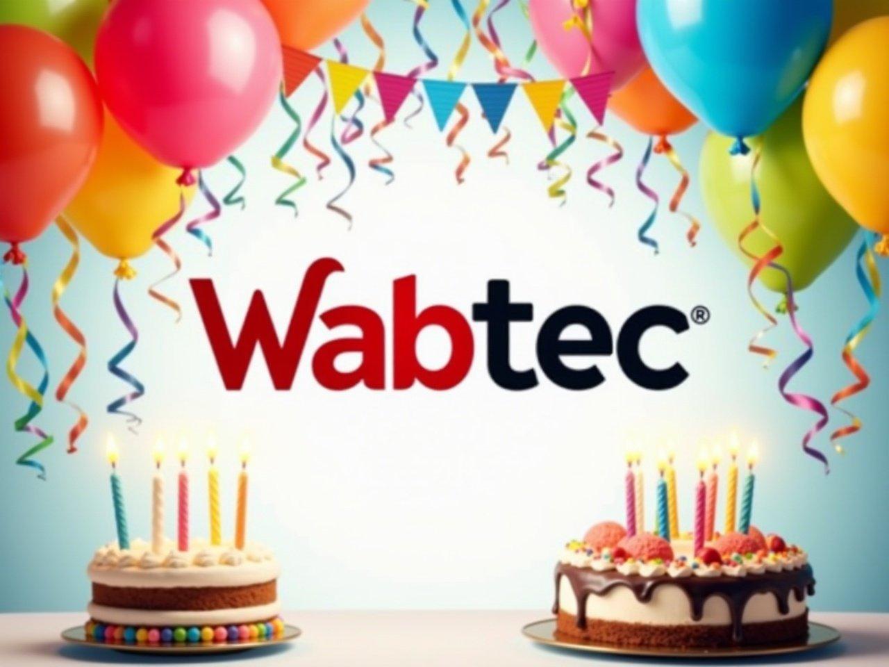 A Wabtec logo surrounded by cheerful birthday decorations. Balloons in vibrant colors float around the logo, adding a festive touch. Colorful streamers hang from the top, creating a celebratory atmosphere. A birthday cake with candles sits nearby, emphasizing the festive theme. The background is bright and lively, enhancing the joyful ambiance.