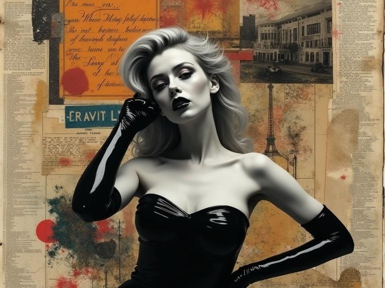Create a dramatic black and white photograph of a woman in a shiny form-fitting strapless latex dress accompanied by long latex gloves. The woman has styled blonde hair, dark eye makeup, and dark lipstick. The image evokes feelings of power, confidence, and sensuality. Combine this with a visually rich abstract mixed media collage that features various elements such as old maps, handwritten text, and paint splatters. Use a warm earthy color palette and focus on the interplay of texture and geometric shapes while maintaining an asymmetrical design. Create an atmosphere rich in mystery and introspection, evoking thoughts of human identity and memory.