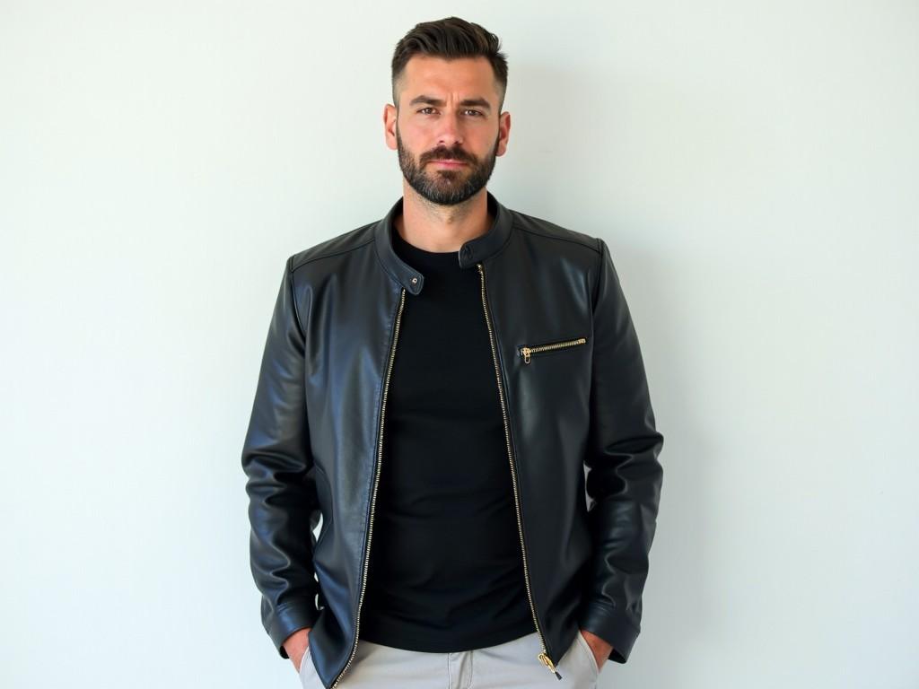 The image features a man standing confidently against a plain white wall. He has a short beard and neatly styled hair. He is wearing a dark, stylish leather jacket over a black t-shirt, paired with light-colored trousers. His posture is relaxed, with hands in his pockets and a serious expression on his face. The lighting is soft, highlighting the contours of his face and the texture of his clothing.