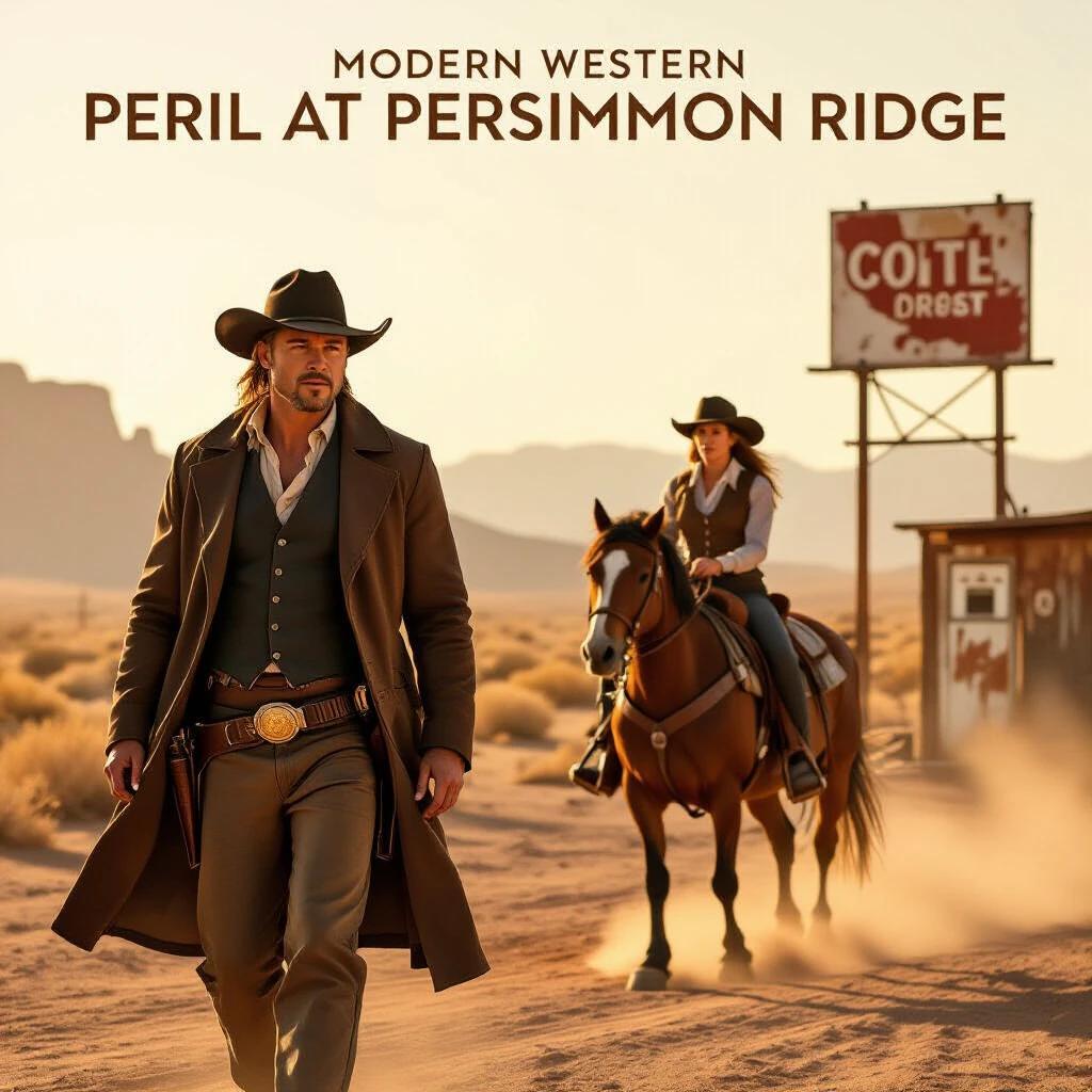 Movie poster for a modern western titled Peril at Persimmon Ridge. Features a male character in a duster coat, a female character riding a horse. Background includes desert scenery and a rustic gas station sign. Captures the essence of western adventure with a focus on dramatic lighting and movement.
