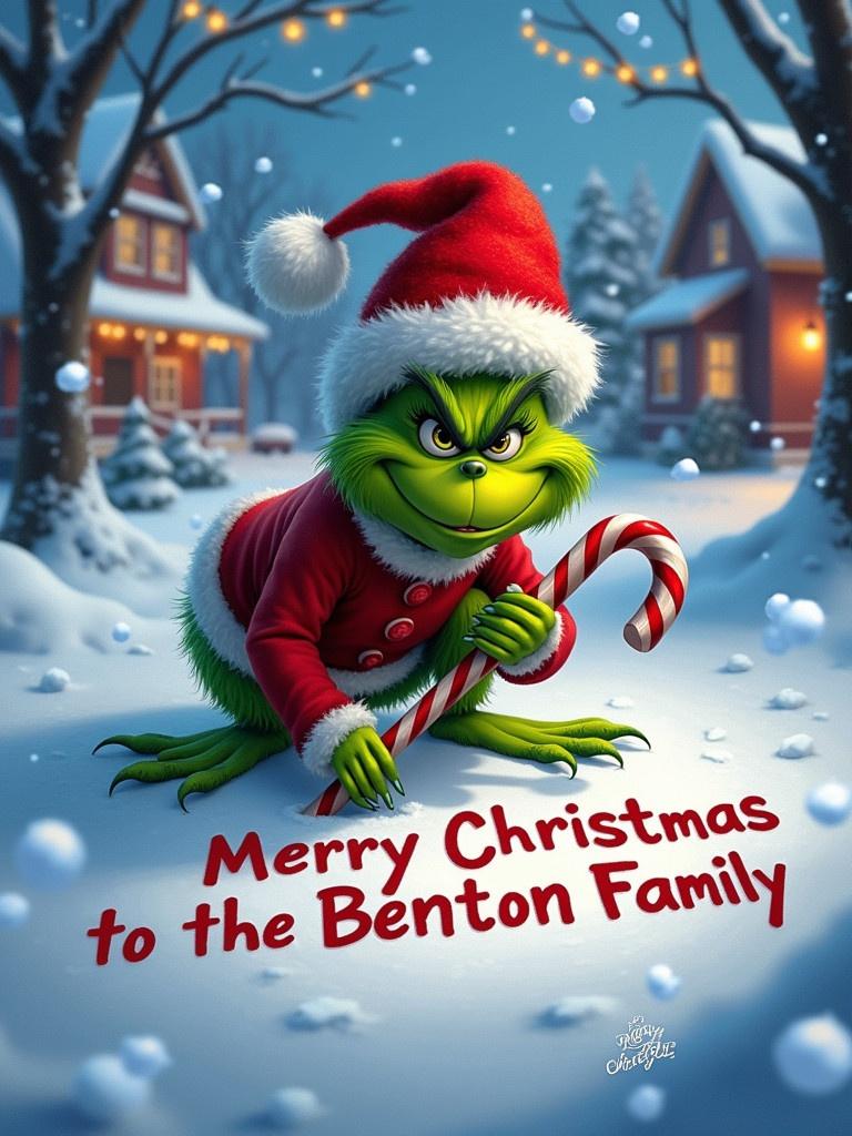 Winter scene with the Grinch in a Santa hat. Grinch has a jolly expression. Crouches and writes 'Merry Christmas to the Benton Family' in snow with a candy cane. Falling snowflakes surrounding the scene. Background shows snow-covered roads, trees, and houses with Christmas lights.