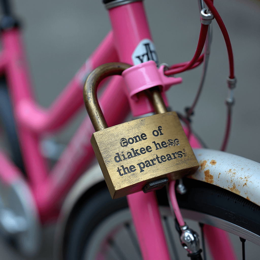 A close-up of a pink bicycle with a large brass padlock attached to it, featuring whimsical, nonsensical text.