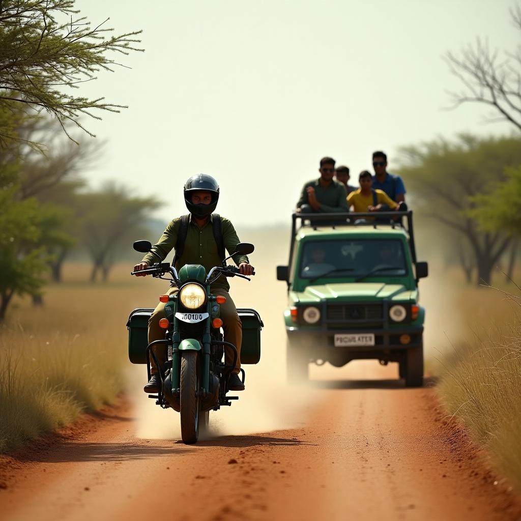 Capture a traveling scene in India showing two green motorcycles on a dusty trail with a background vehicle carrying passengers in a savanna-like environment.