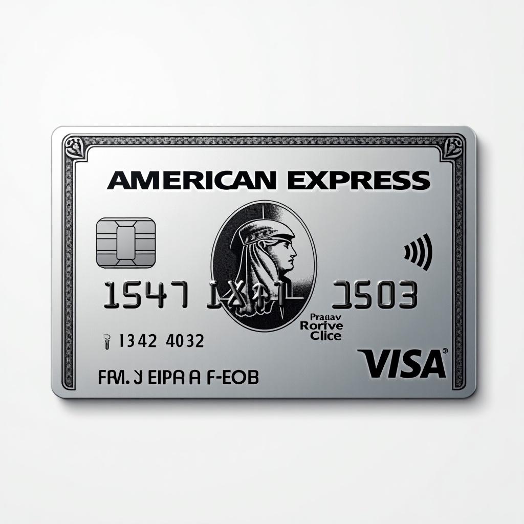 Realistic image of a platinum American Express credit card. Prominent Visa logo present. Cardholder name and expiry date visible. Silver background with bold black font. Modern elegance emphasized.