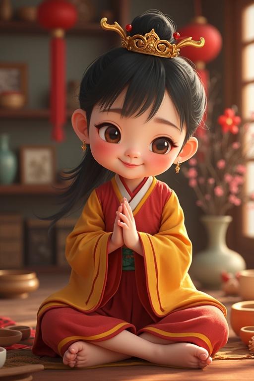 A cute young girl in traditional East Asian clothing with a joyful expression sitting cross-legged. She holds her hands in a greeting pose. The background has cultural decor with soft lighting.