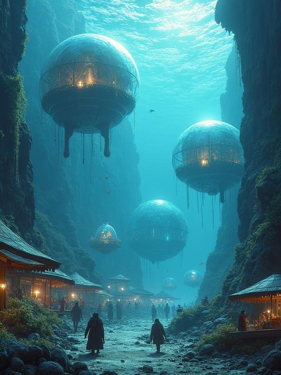 Trading posts within large water bubbles suspended in a sea canyon. Merchants with mechanical dorsal fins trade light pearls and crystallized seaweed. A mechanical octopus offers spherical capsules for transportation in the distance.