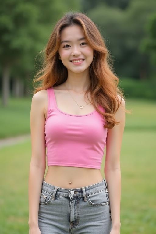 A young Taiwanese girl in a pink crop top and light gray jeans stands smiling in a national park in the USA. Her curly golden brown hair catches the light.