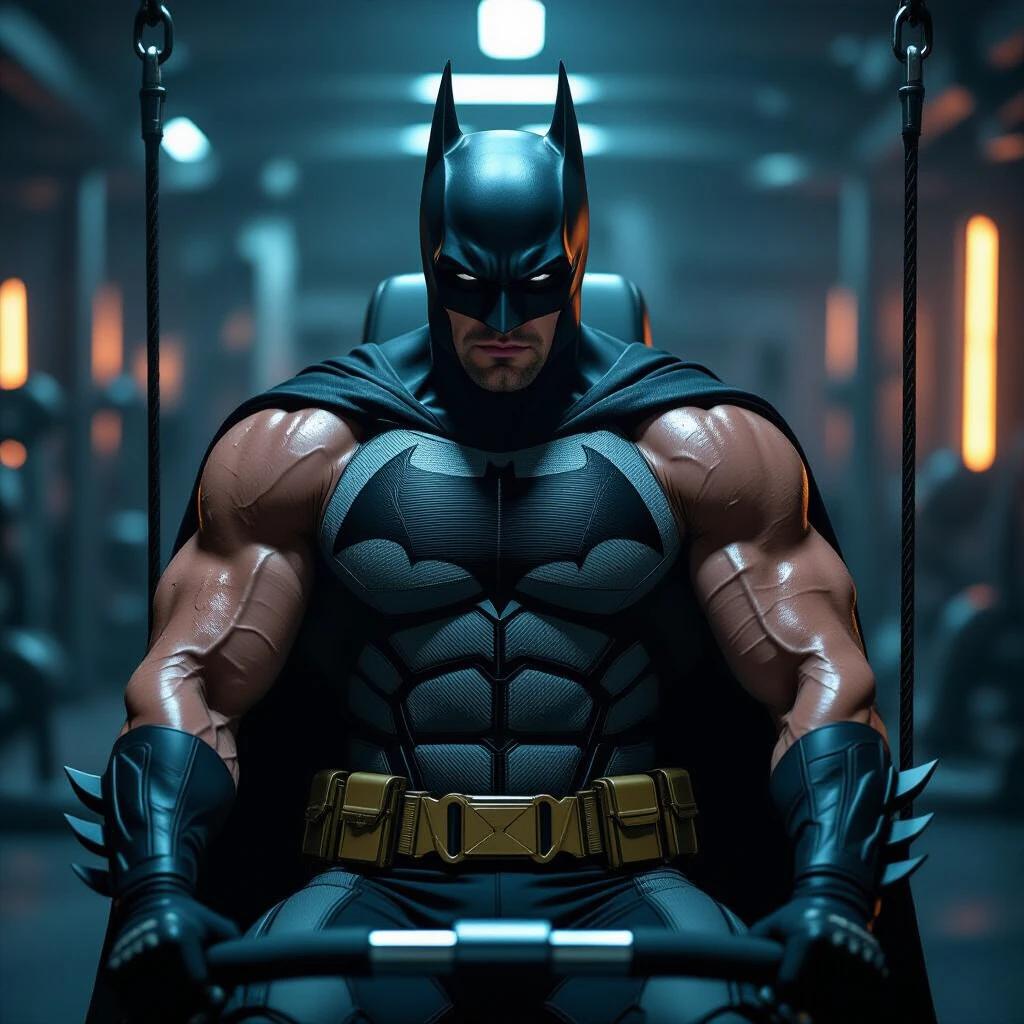 Batman in tactical suit without cape. Bruce Wayne unmasked. Extremely muscular physique. Training on seated cable row machine. Veins visible. Intense focused expression. Dimly lit high-tech gym resembling Batcave. Glowing equipment lights. Sweat on arms and face. Cinematic lighting. Hyper-realistic.