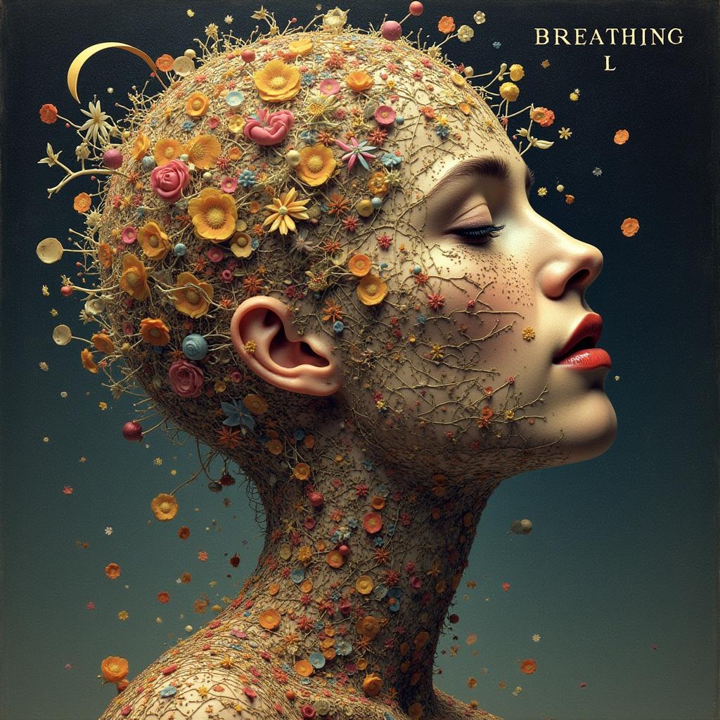 Complex art on a music album cover featuring a woman's profile adorned with flowers and the text 'Breathing L'
