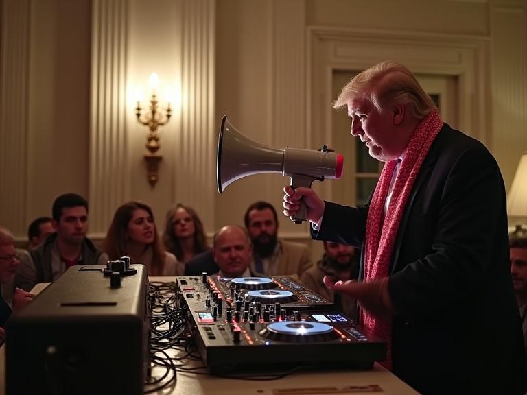 Scene of a DJ event in the White House with a focus on a DJ setup featuring Pioneer CDJ 3000 Nexus. Donald Trump is holding a megaphone addressing the audience.