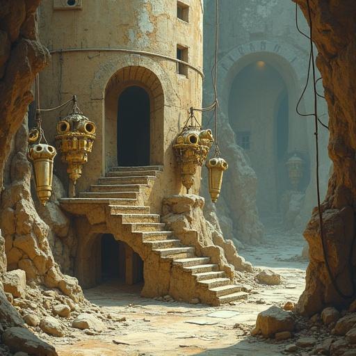 An illustration depicting a biopunk underground landscape. The main feature is a tower built from stacked ivory blocks and weathered stone. The tower shows signs of erosion and damage. Surrounding it are bone-like instruments and brass lenses, along with scattered scrolls and parchment maps. The environment indicates long-term abandonment with a crumbled spiral stair carved into the wall leading downward. The artwork has a semi-realistic style with dusty shafts of light and ash flaking in the air, illuminated by dim amber glows from bent lanterns.