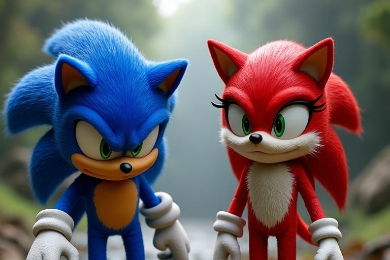 Image shows two characters from Sonic the Hedgehog franchise. One is blue with spikes. Other is red with a smooth coat. They stand in a natural setting. Characters exhibit determined expressions.