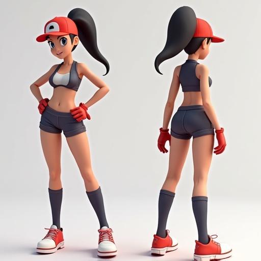 3D model showcases a feminine Pokémon trainer in standard rig pose. Character features an hourglass shape. Model illustrated from front, side, and back views. Outfit consists of sporty attire and accessories. The lighting is soft to highlight the design.