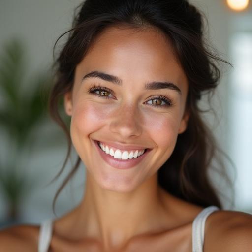 Hyper-realistic close-up image of a young woman. She has a gentle, natural smile showing slightly imperfect teeth. Medium brown skin with realistic texture. Dark brown hair loosely tied back with flyaway strands. Dark brown eyes with natural shine. Wearing a white spaghetti-strap top. Softly blurred background in an indoor setting with bright, natural light. Captured with a DSLR camera settings of ISO 400, f/3.2 aperture, and 50mm focal length for detail. Even soft lighting creates depth and emphasizes natural features.