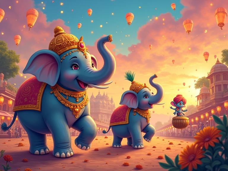 Vibrant anime-style illustration featuring a Bollywood-themed elephant carnival with a parent elephant playing the sitar and a chibi baby elephant dancing on a tabla. Set against a colorful sunset with paper lanterns and a festive bazaar.