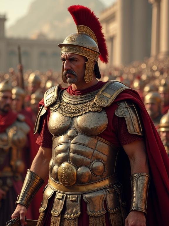 soldier in elaborate armor standing amidst a large crowd of Roman soldiers. The setting features grand ancient architecture in the background. The character appears ready for battle with a determined expression.