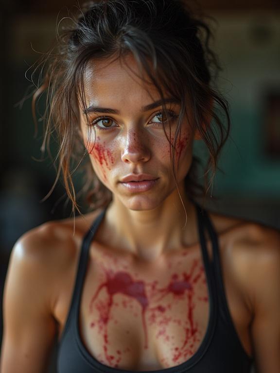Portrait of a young female Thai boxer showing well-defined abs and bloodstains on her body. The boxer appears dirty, sweaty, and has untidy hair. The focus is on her expression and physique.