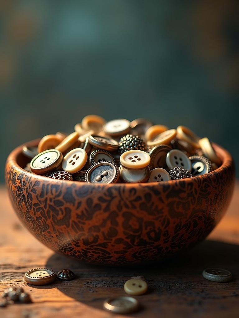 Exotic cocobolo wood bowl overflows with miniature clothes buttons. Buttons are vintage mother-of-pearl, antique horn, ornate metal. Softly blurred gradient background transitions from deep blue to warm golden hues. Scene captures dynamic movement and detail. Matte-painted style with intricate textures. Mood evokes fantasy and wonder.