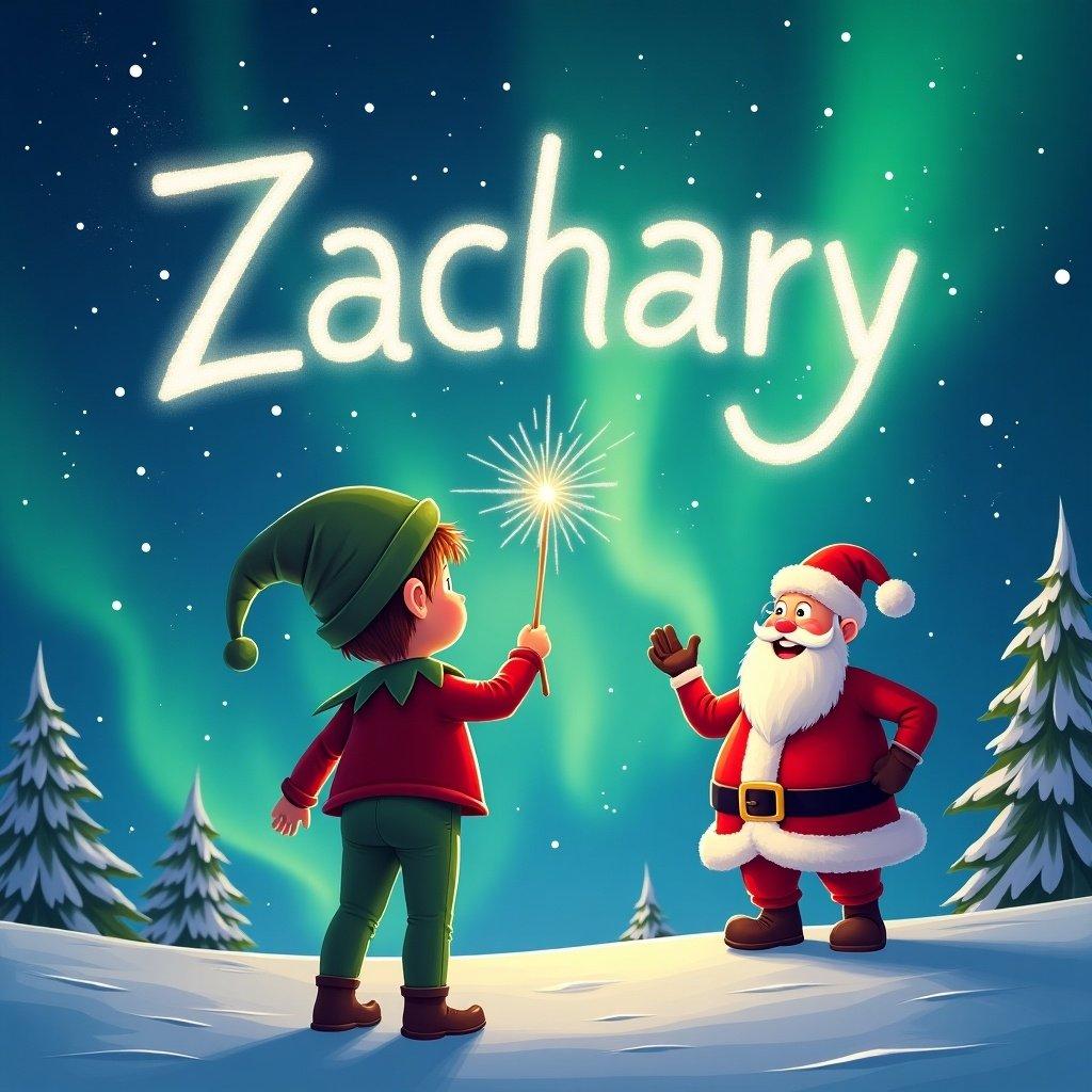 Elf facing a magical sky with northern lights. Wand writing the name Zachary in the air. Santa Claus is in the background. Snowy scene with evergreen trees.